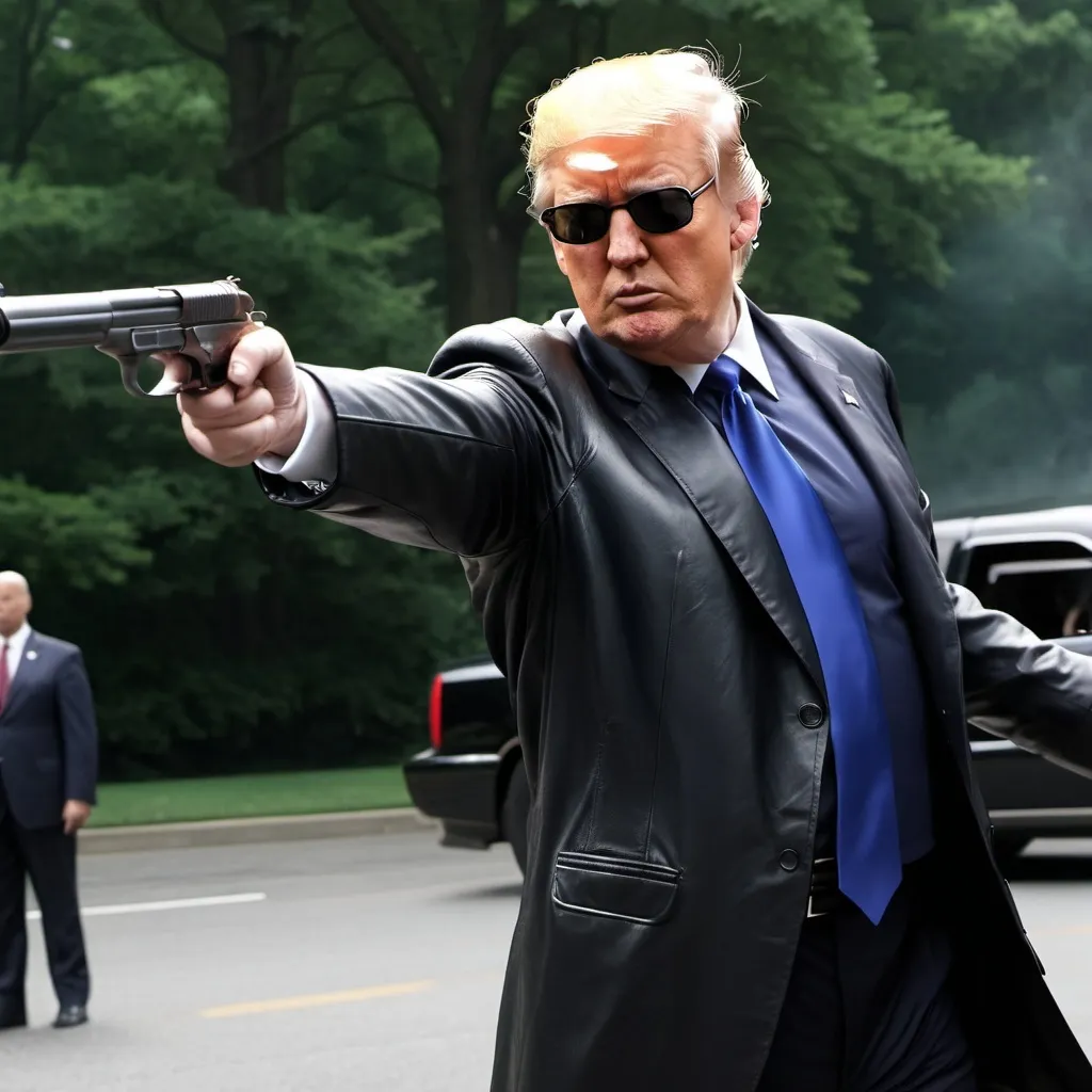 Prompt: Trump dodging slow motion bullets like The matrix movie in leather