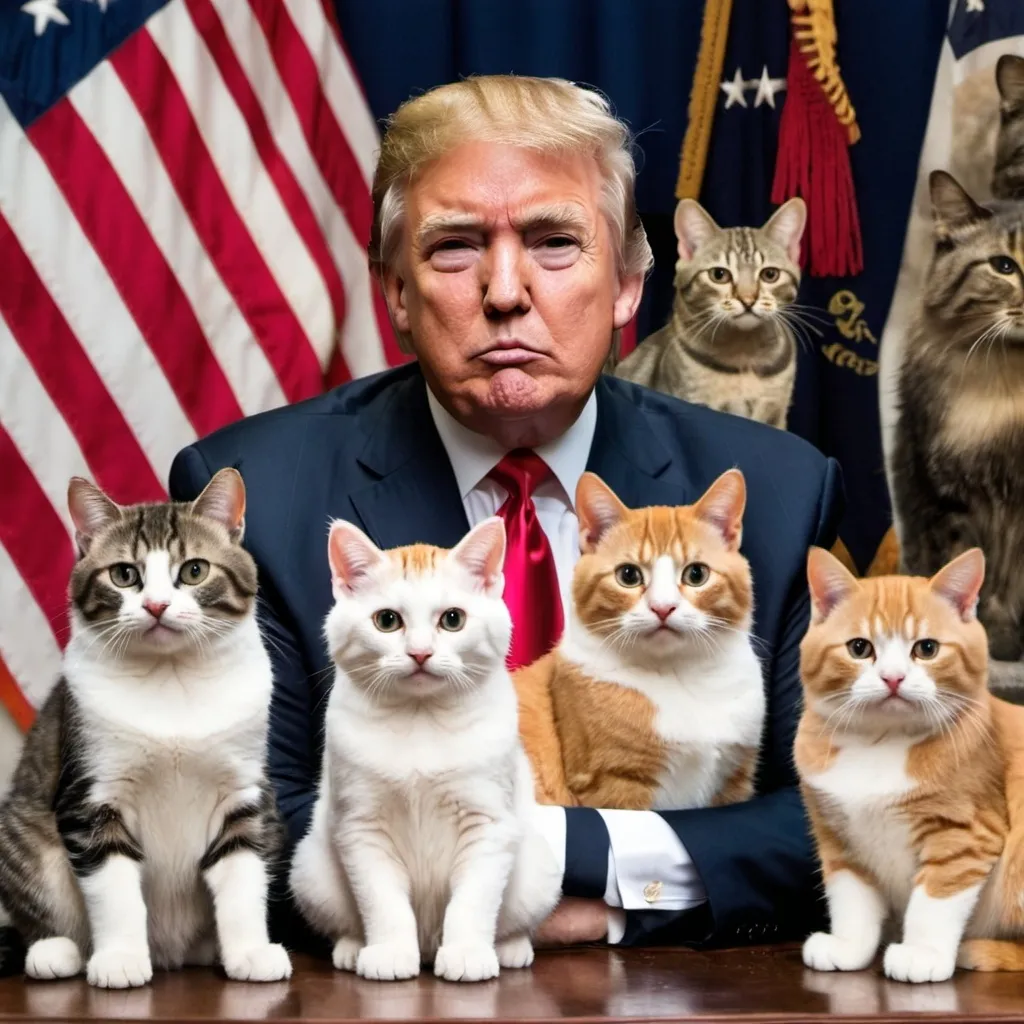 Prompt: Donald Trump sitting next to several different cats and American flag in the background