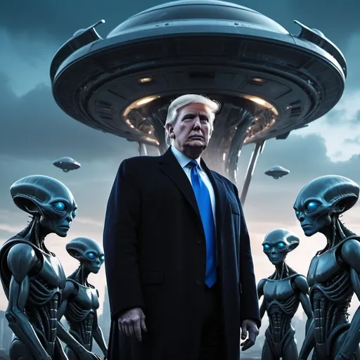 Prompt: Trump with small gray aliens looking at a time machine