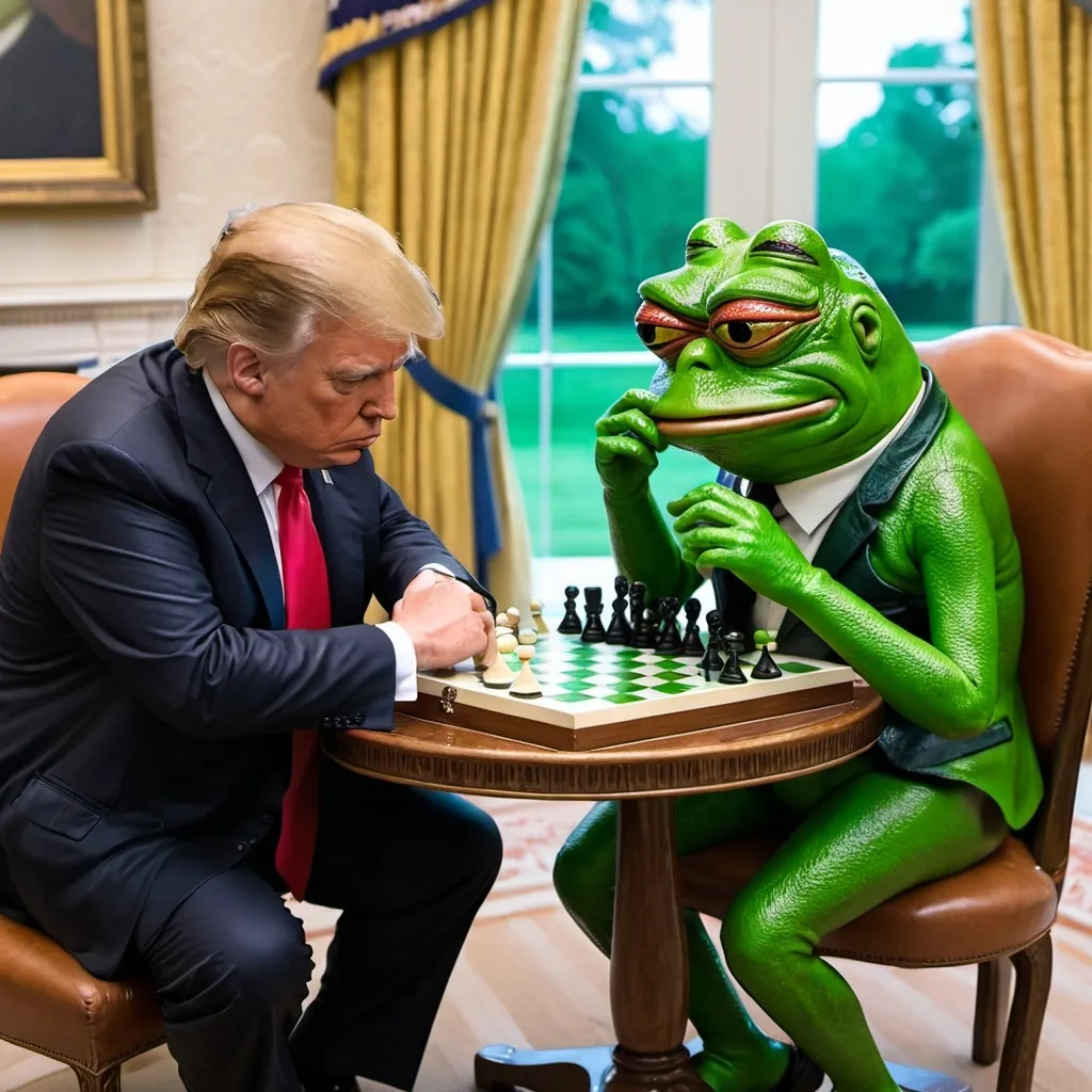 Prompt: Trump playing chess with pepe the frog