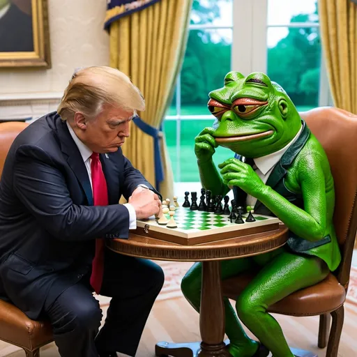 Prompt: Trump playing chess with pepe the frog