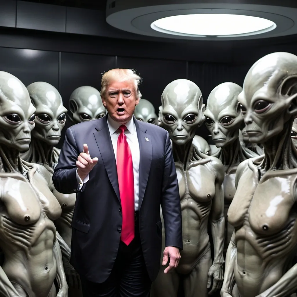 Prompt: Trump with gray aliens looking at a time machine