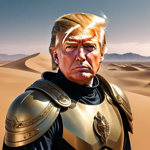 Prompt: (Donald Trump as Paul Atreides), futuristic desert, intricate armor, dramatic lighting, intense and authoritative expression, vibrant and contrasting colors, 4K, ultra-detailed, windswept landscapes, sci-fi elements, cinematic atmosphere, high-definition, dunes and sandstorms in the background, ethereal light beams, photorealistic, epic and grand, sense of destiny and leadership.