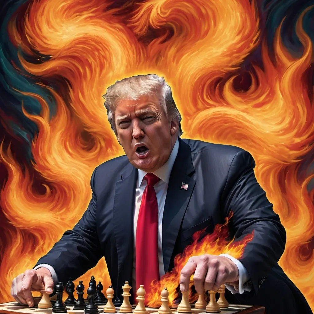 Prompt: Trump fire in background chessboard time travel 