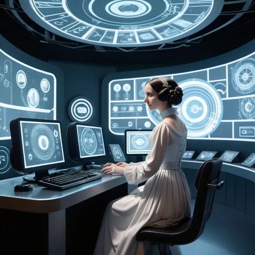 Prompt: Generate a scene of Ada Lovelace in a futuristic setting, where she imagines modern technology, including computers and digital art, while surrounded by holographic displays.