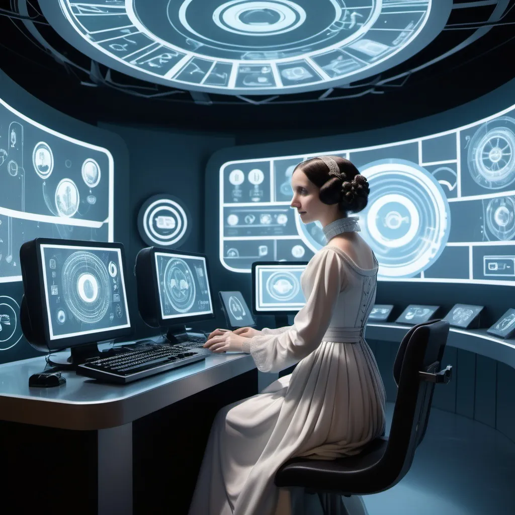 Prompt: Generate a scene of Ada Lovelace in a futuristic setting, where she imagines modern technology, including computers and digital art, while surrounded by holographic displays.