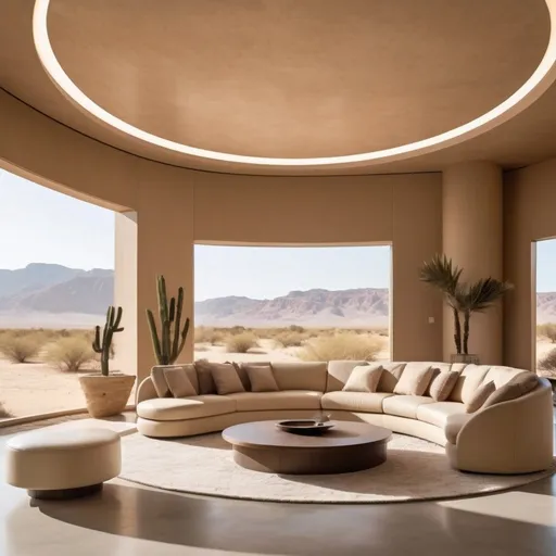 Prompt: An ultra modern living room with round furniture, beige, tan color, light sandy brown, in the American desert