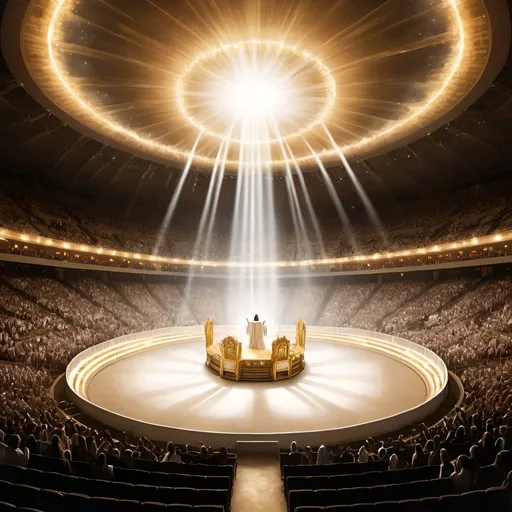 Prompt: create a picture of a view of a round indoor arena, in the middle is the Throne of God. With a bright bright light emenating from the throne of God. millions of angels occupy the seats of the arena. The Trone of God is center stage and Jesus is conducting the angels to sing with His arms raised, wearing a long white flowing robe with gold trim