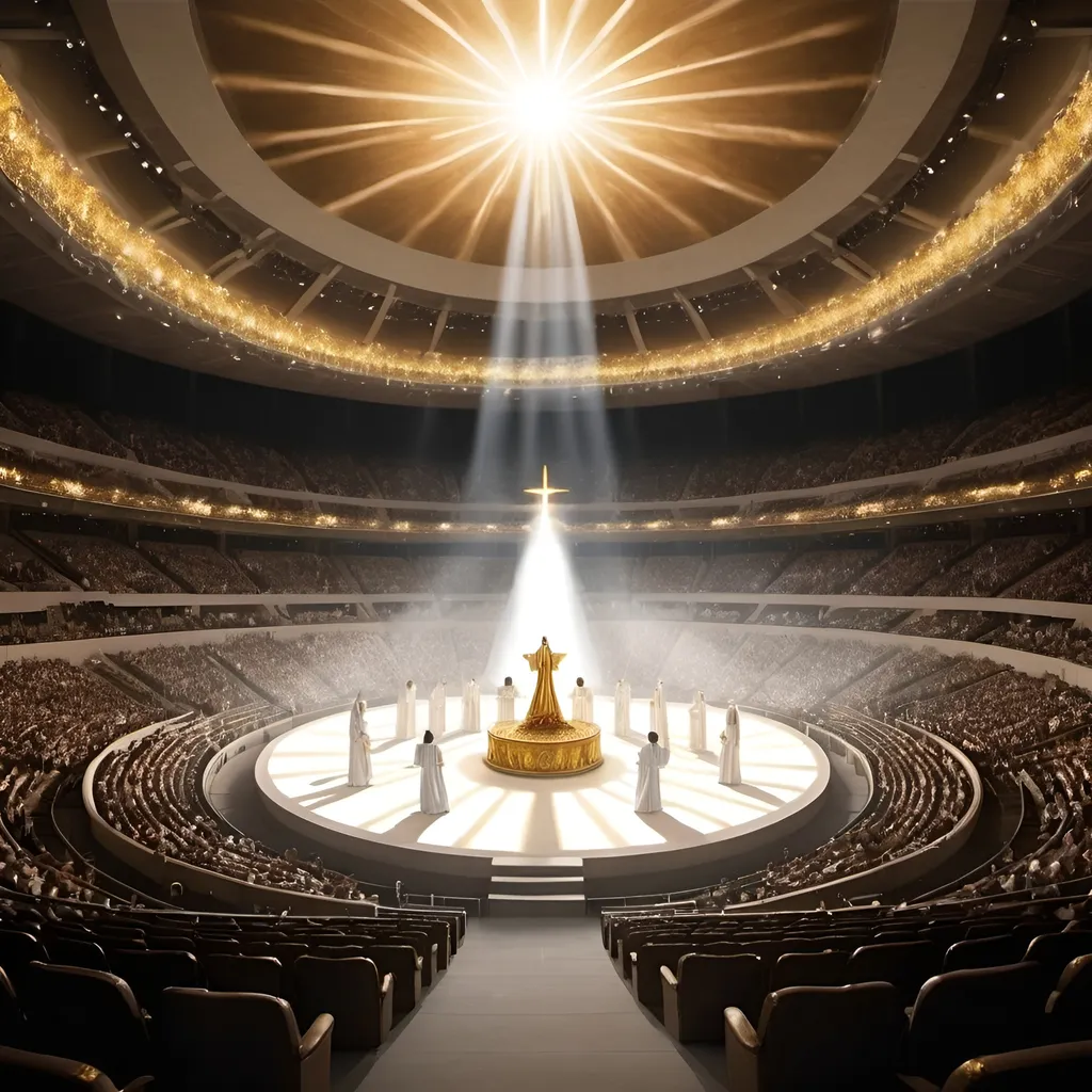 Prompt: create a picture of a view of a round indoor arena, in the middle is the Throne of God. With a bright bright light emenating from the throne of God. millions of angels occupy the seats of the arena. The Trone of God is center stage and Jesus is conducting the angels to sing with His arms raised, wearing a long white flowing robe with gold trim. all the seats are filled with angels with wings