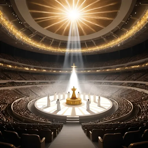 Prompt: create a picture of a view of a round indoor arena, in the middle is the Throne of God. With a bright bright light emenating from the throne of God. millions of angels occupy the seats of the arena. The Trone of God is center stage and Jesus is conducting the angels to sing with His arms raised, wearing a long white flowing robe with gold trim. all the seats are filled with angels with wings