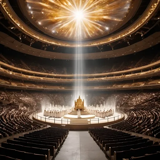 Prompt: create a picture of a view of a round indoor arena, in the middle is the Throne of God. With a bright bright light emenating from the throne of God. millions of angels occupy the seats of the arena. The Trone of God is center stage and Jesus is conducting the angels to sing with His arms raised, wearing a long white flowing robe with gold trim. all the seats are filled with angels with wings, and there is gold dust everywhere