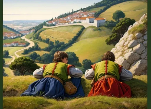Prompt: Two teenage Portuguese noble brothers on a country hillside in Medieval Portugal looking down the hill toward a military encampment, 1385