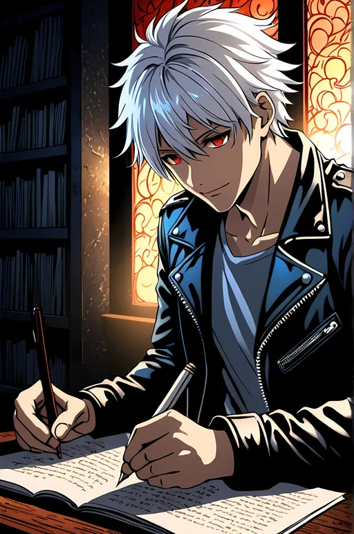 Prompt: anime male writing poetry, white hair, red eyes, black leather jacket, blue jeans, highres, detailed, professional, moody lighting, happiness, fantasy, detailed eyes, leather texture, atmospheric lighting, manga panel