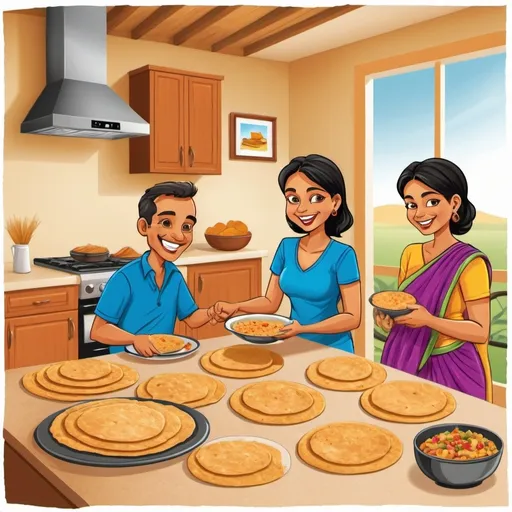 Prompt: A series of clipart illustrations showing a customer enjoying Rotito in different settings (at home, on-the-go, with family). Rotito is a brand which produces ready-to-eat whole wheat rotis