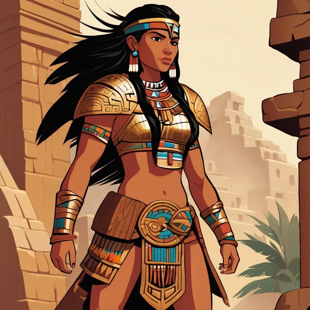 Prompt: young, tribal, giant, latina skin, muscular abs, big arms, female, butch, in medium armor, aztec, inca ,maya

