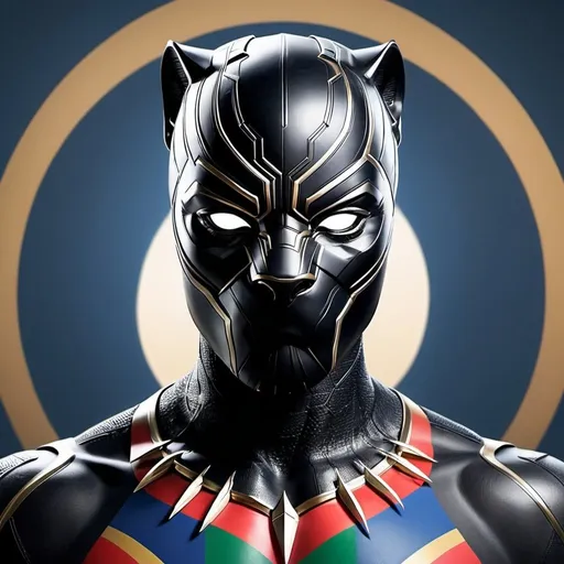 Prompt: Create an image of Black Panther from the Marvel Universe, wearing a suit and mask inspired by the Namibian flag. The suit should integrate the colors and elements of the flag: the blue, red, green, and white stripes, along with the golden sun. Ensure the design is sleek and futuristic, reflecting Black Panther's iconic style, while prominently featuring the Namibian flag's motifs in a balanced and visually striking manner. The mask should also incorporate elements of the flag, maintaining the Black Panther's signature fierce and regal look. The background should evoke the spirit and landscape of Namibia, with elements such as desert dunes, savannah, or local wildlife subtly integrated into the scene.