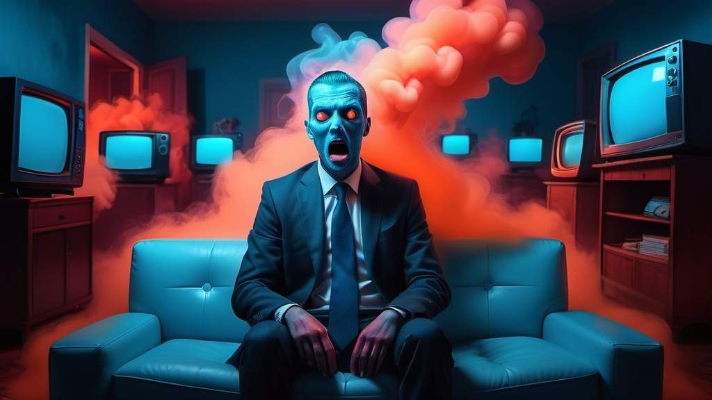 Prompt: an evil business man with a TV head, surrounded by mindless people on a couch, Darkly lit room filled with red and orange smoke haze fog, eerie vibes, people watching tv, people looking at screens, vacant expressions, glowing blue eyes, tv man with blue screen head, slime on walls, acid trip melting effects