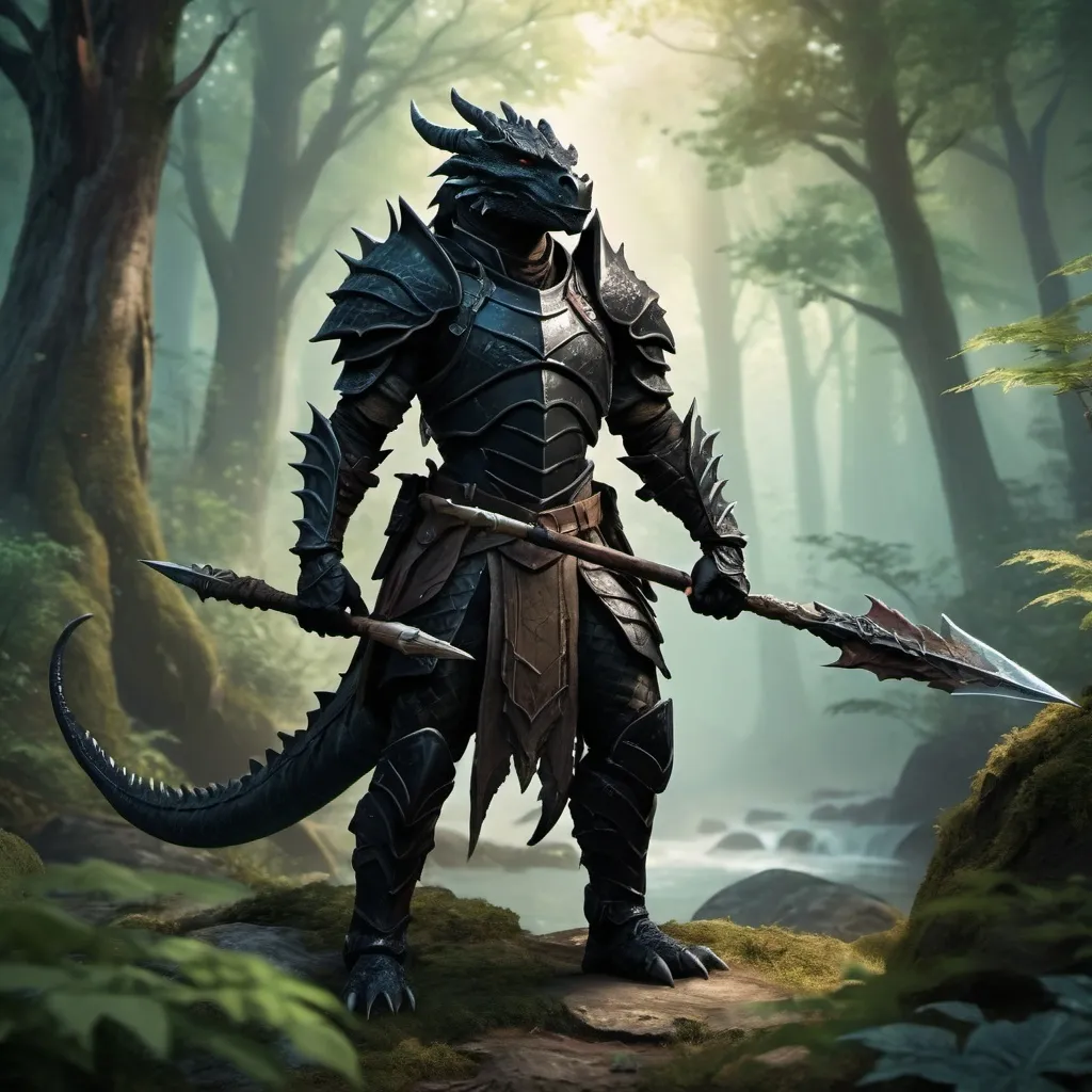 Prompt: DND black dragonborn ranger with spear