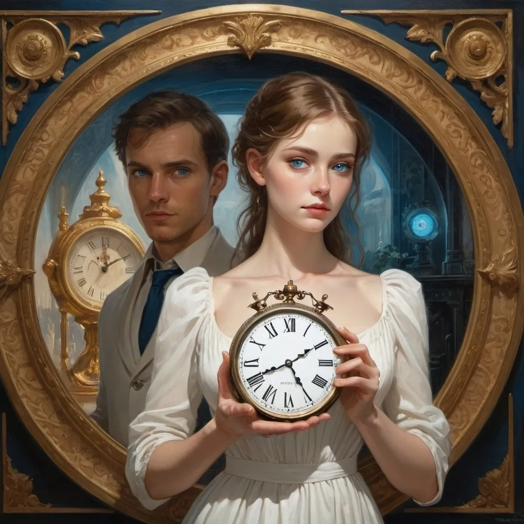 Prompt: a woman with blue eyes and a white dress holding a clock in her hand and a man in the background, Eden Box, neo-romanticism, luminous, a detailed painting