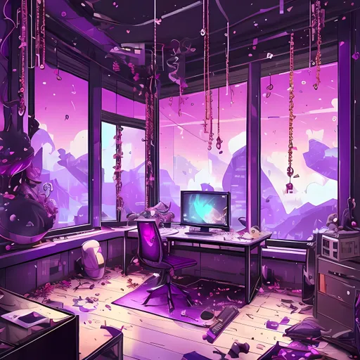 Prompt: V-tuber background, Anime themed, dark purple theme, dark purple room of destroyed building, black, purple, and gold gaming setup in room,  black bed, window with view of purple ocean, purple bonsai tree on desk, purple cherry blossom leaves on the floor, black, purple, and gold sword leaned against a wall in the room, gold chains hanging down from ceiling of room, and dark purple night sky.