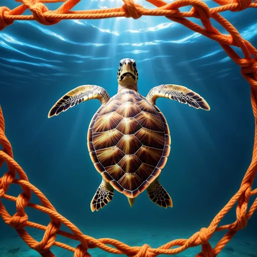 Prompt: cut fishnet with a turtle swimming free from it, symbolizing hope and freedom