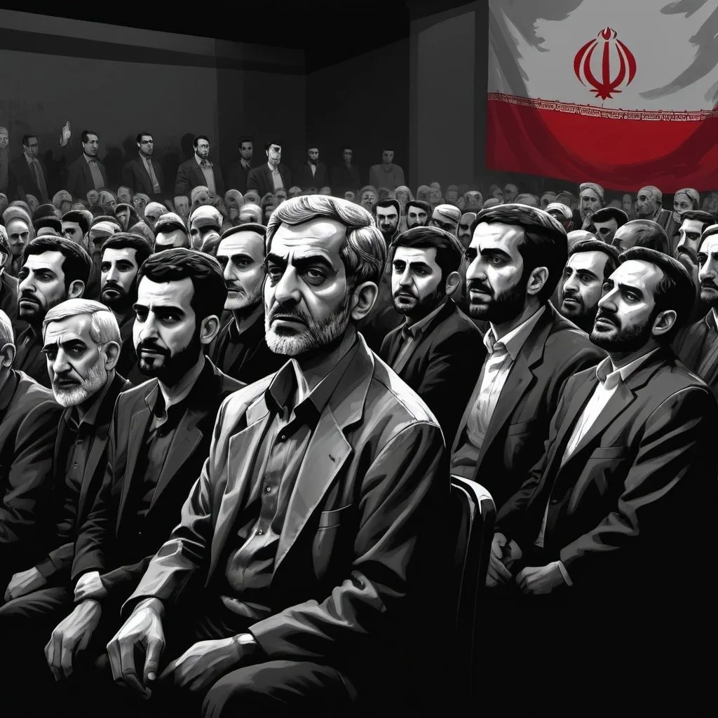 Prompt: Illustration of good people watching from the sidelines as bad Iranian politicians are elected, political corruption, disillusioned citizens, dark and gritty artistic style, grayscale tones with hints of red, dramatic lighting, high quality, detailed expressions, political commentary