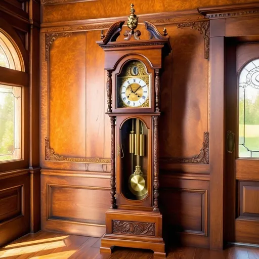 Prompt: Grandfather clock in a vintage wooden room, detailed carvings and ornate designs, warm and rich color tones, soft natural lighting, aged and weathered wood, intricate clock face with roman numerals, antique brass pendulum, classic timepiece, high quality, vintage, detailed woodwork, warm tones, traditional, ornate design, distressed and cracking
