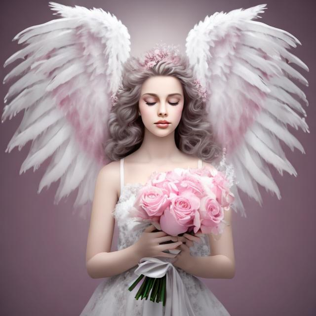 Prompt: white background with angelic angel suspended with feathered wings spread, soft pink rose bouquet in her hands