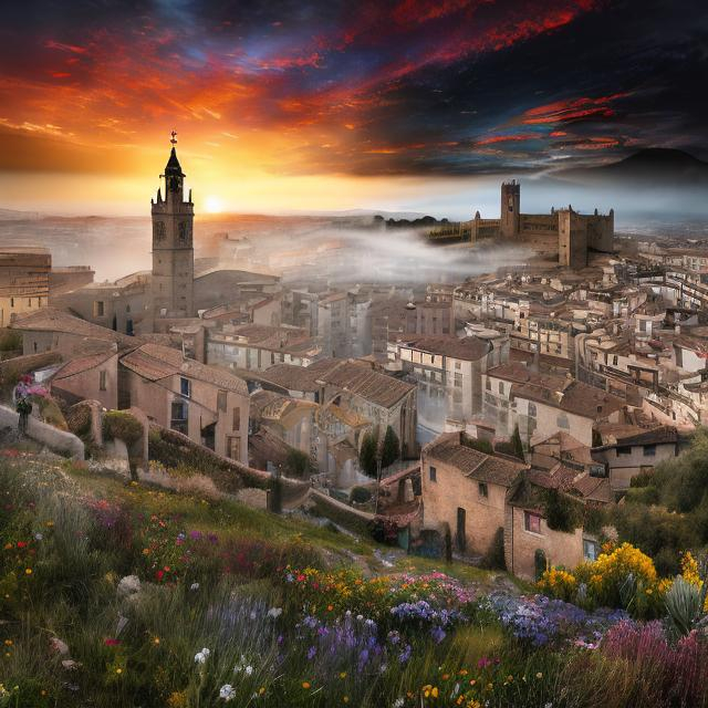 Prompt: combine this in 5 picture with some transition: Spain colorful meadow with a dramatic sunset, Roman old buildings in ruins with phantom, Switzerland with its beautiful sea eye from a top view, Germany with busy narrow street with England with its fog Big ben in the background with some bridge.  As a epic dramatic Movie poster in a exciting dangerous way. IN Expressionism style with multiple locations with transition.