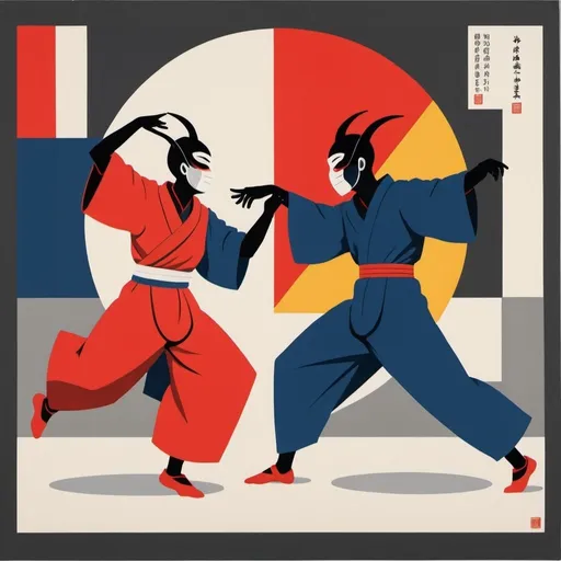 Prompt: two masked individuals are dancing around

style of Bauhaus mixed with Ukiyo-E , The artwork should feature geometric shapes, clean lines, and a minimalist aesthetic. Use primary colors (red, blue, yellow), along with black, white, and shades of grey.