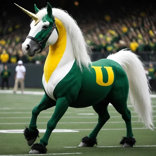 Prompt: The  Oregon Ducks need a new mascot. The university has decided on a unicorn of dark green  and yellow for primary colors and trim colors of black, white and silver. The unicorn also requires wings. He is very shy but loves kids