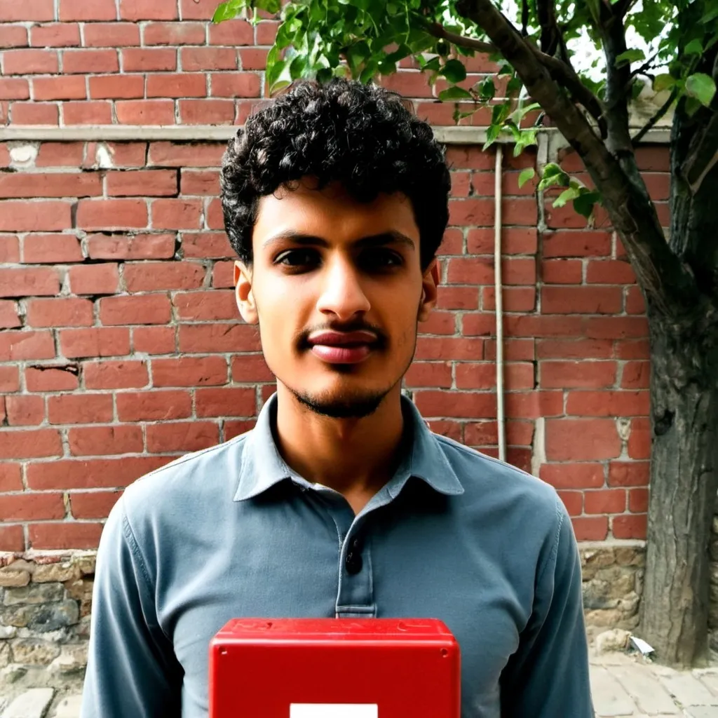 Prompt: a man standing next to a red box on a street corner with a brick wall behind him and a tree in the background, Abdullah Gërguri, hurufiyya, professional photo, a picture