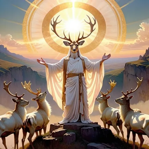 Prompt: Humanoid deer in white monk robes standing on an elevated plane, the deer reaches his arms to a bunch of people. The sun is behind the deers head, almost like a halo. Ancient setting.