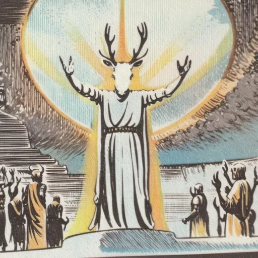 Prompt: Humanoid deer in white monk robes standing on an elevated plane, the deer reaches his arms to a bunch of people. The sun is behind the deers head, almost like a halo. Ancient setting.