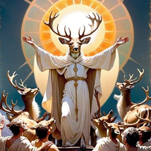 Prompt: Humanoid deer in white monk robes standing on an elevated plane, the deer reaches his arms to a bunch of people. The sun is behind the deers head, almost like a halo. Ancient setting.