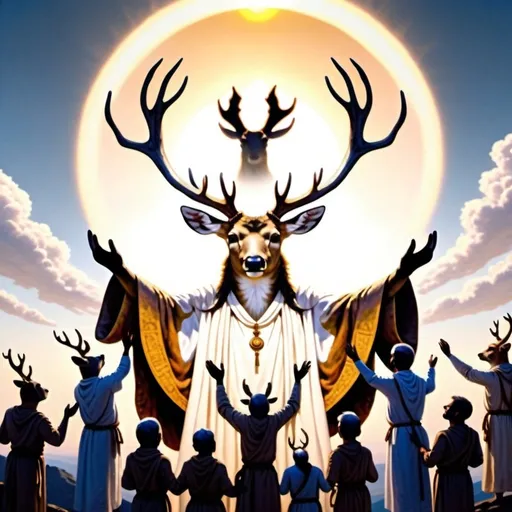 Prompt: Humanoid deer in white monk robes standing on an elevated plane, the deer reaches his arms to a bunch of people. The sun is behind the deers head, almost like a halo. Ancient setting.