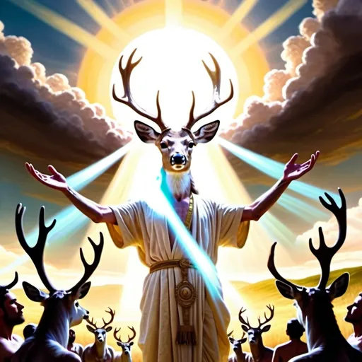 Prompt: Humanoid deer in white monk robes standing on an elevated plane, the deer reaches his arms to a bunch of people. The sun is behind the deers head, almost like a halo. Ancient setting.