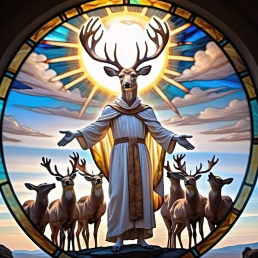 Prompt: Humanoid deer in white monk robes standing on an elevated plane, the deer reaches his arms to a bunch of people. The sun is behind the deers head, almost like a halo. Ancient setting.