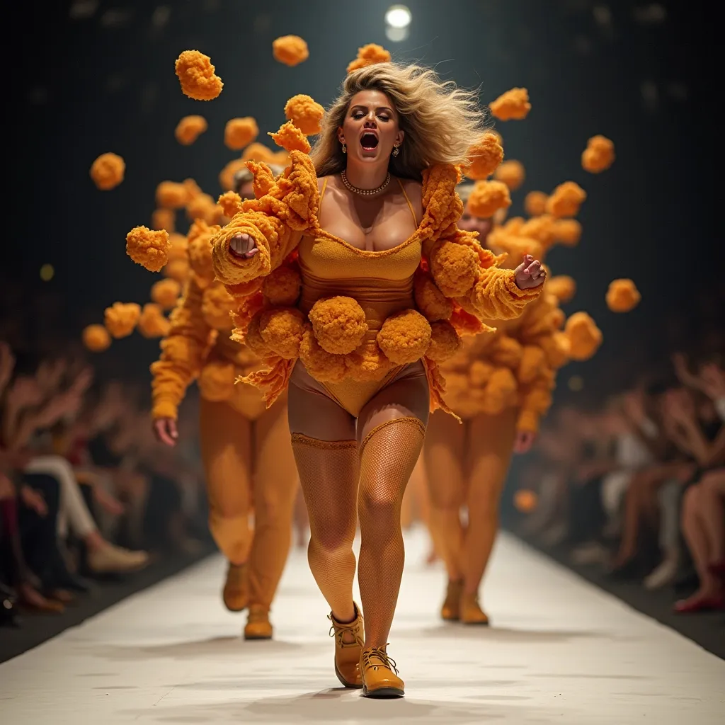 Prompt: make an image of chicken nuggets being eaten by fat I show speed and Katy Perry walking the runway behind him

