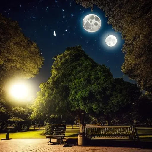 Prompt: Huge moon in a cloudless night. A lamp-post and a park bench. Big leafy trees. A kiss under the moonlight.