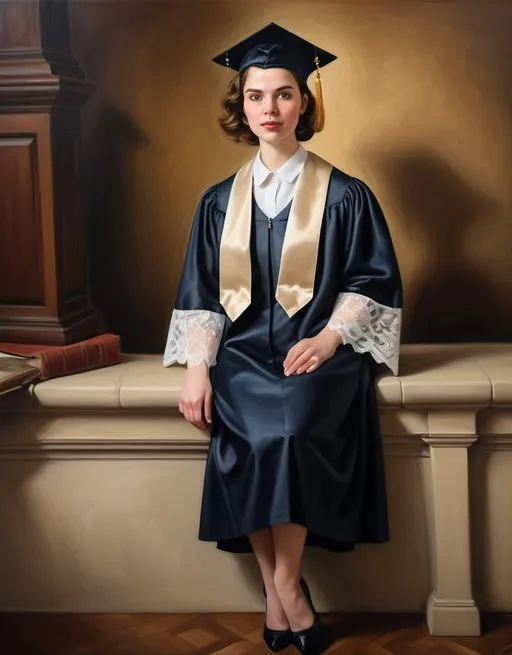 Prompt: Portrait of a woman in an Oxford University graduation cap and gown, elegant vintage ceremony attire, prestigious academic setting, high-resolution, traditional oil painting, warm and dignified tones, soft natural lighting, sophisticated and poised expression, detailed lace and embroidery, classic and timeless, university ceremony, vintage, elegant, traditional, oil painting, high-res, detailed lace, dignified, prestigious setting, poised expression, warm tones, vintage attire