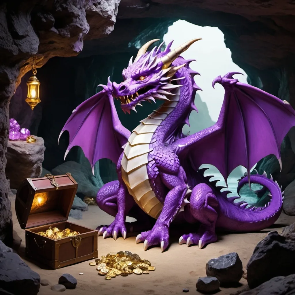 Prompt: Purple dragon in a cave surrounded by treasure 