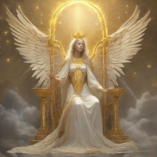 Prompt: Queen of Angels, Holy Goddess, Golden Aura, Wings, Halo, Holding a harp, Heavenly