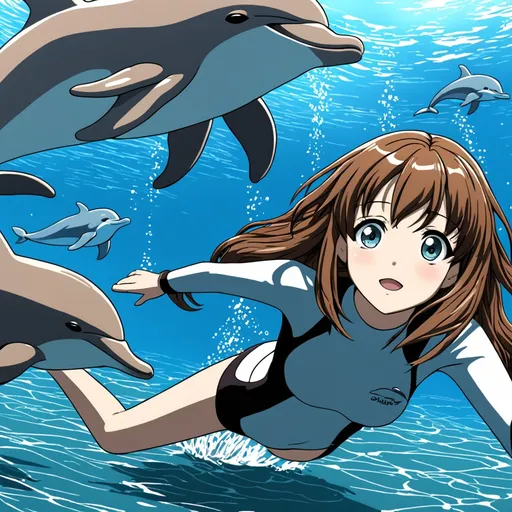 Prompt: anime, girl, brown hair, diving in the ocean, playing with the dolphins,very detailed