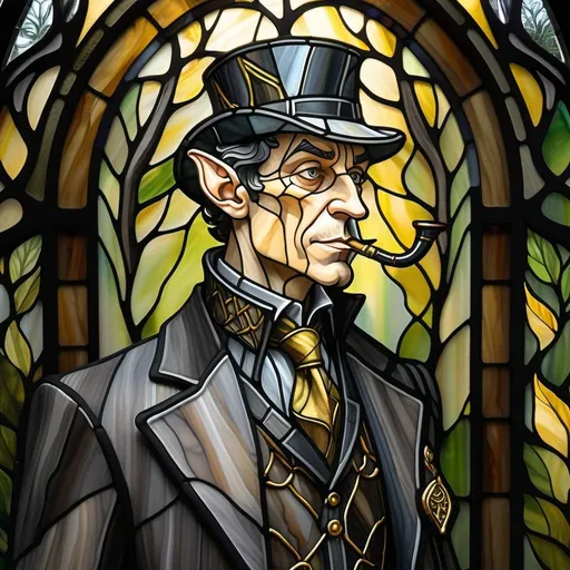 Prompt: Elf man dressed like Sherlock Holmes. He is wearing a grey and black suit with gold stitches. he has a pipe in his mouth and is standing in a forest.