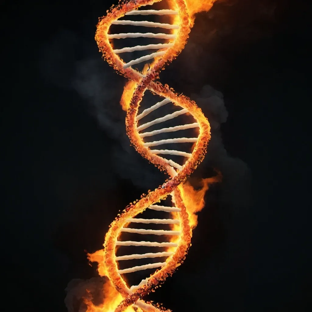 Prompt: A human dna  helix on fire!!