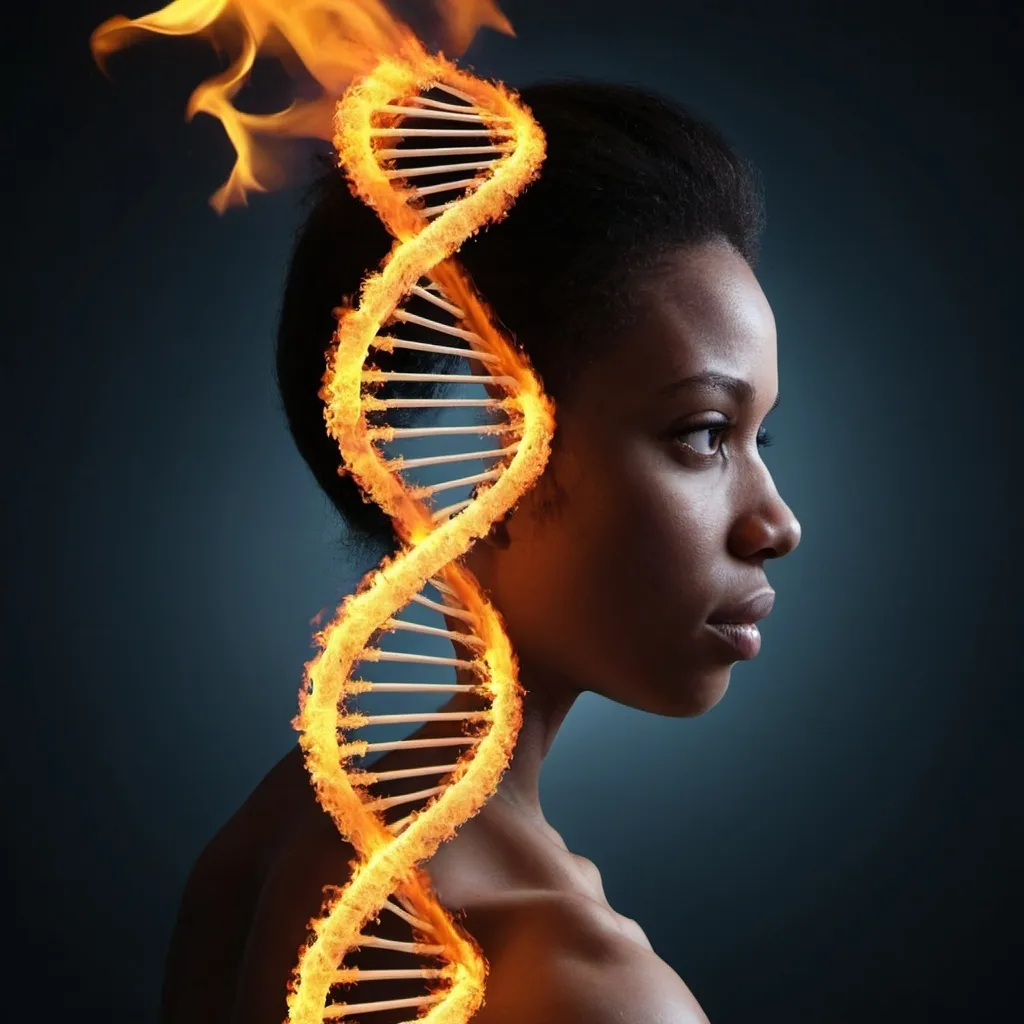 Prompt: A human dna  helix on fire!!