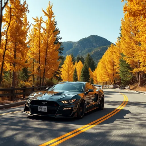 Prompt: 2022 ford gt500 driving on a mountain rd through larch trees in fall