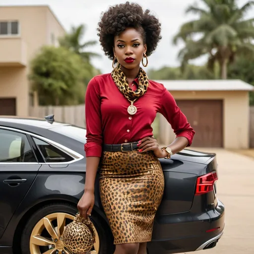 Prompt: A slim black afro american girl with natural curly 4c hair wearing a red fitted buttoned down shirt and a brown leather pencil skirt with 6 inch leopard print pumps and a silk scarf around head, with ruby red lipstick, with large gold diamond hoops, with her hands folded, with gold charm bracelet and gold and pearl ring, and black fishnet stockings, standing next to her 2024 audi a6