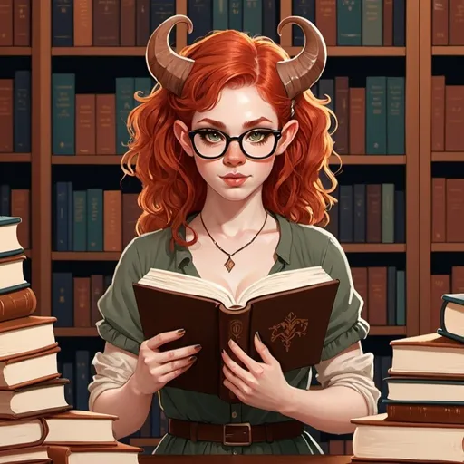 Prompt: Illustrated bookish nerdy redhead satyr girl in library